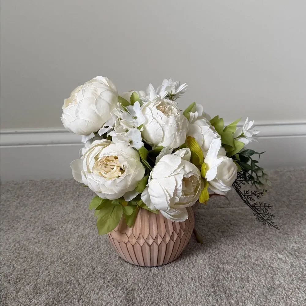 Pottery Barn White Peony Floral Arrangement in Blush Ceramic Vase